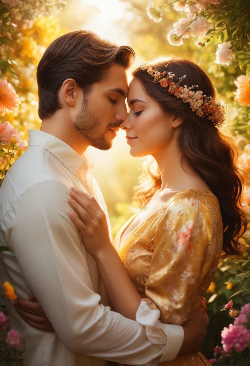A warm embrace between two diverse individuals, their faces illuminated by soft, golden light, symbolizing love and intimacy. Surround them with delicate flowers that represent tenderness and connection, while vibrant colors create a dreamy atmosphere. In the background, a lush landscape signifies growth and lasting bonds. super-realistic. vibrant colors. soft focus.